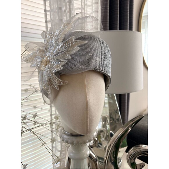 Embellished Asymmetrical Silver Straw Statement Fascinator Hat